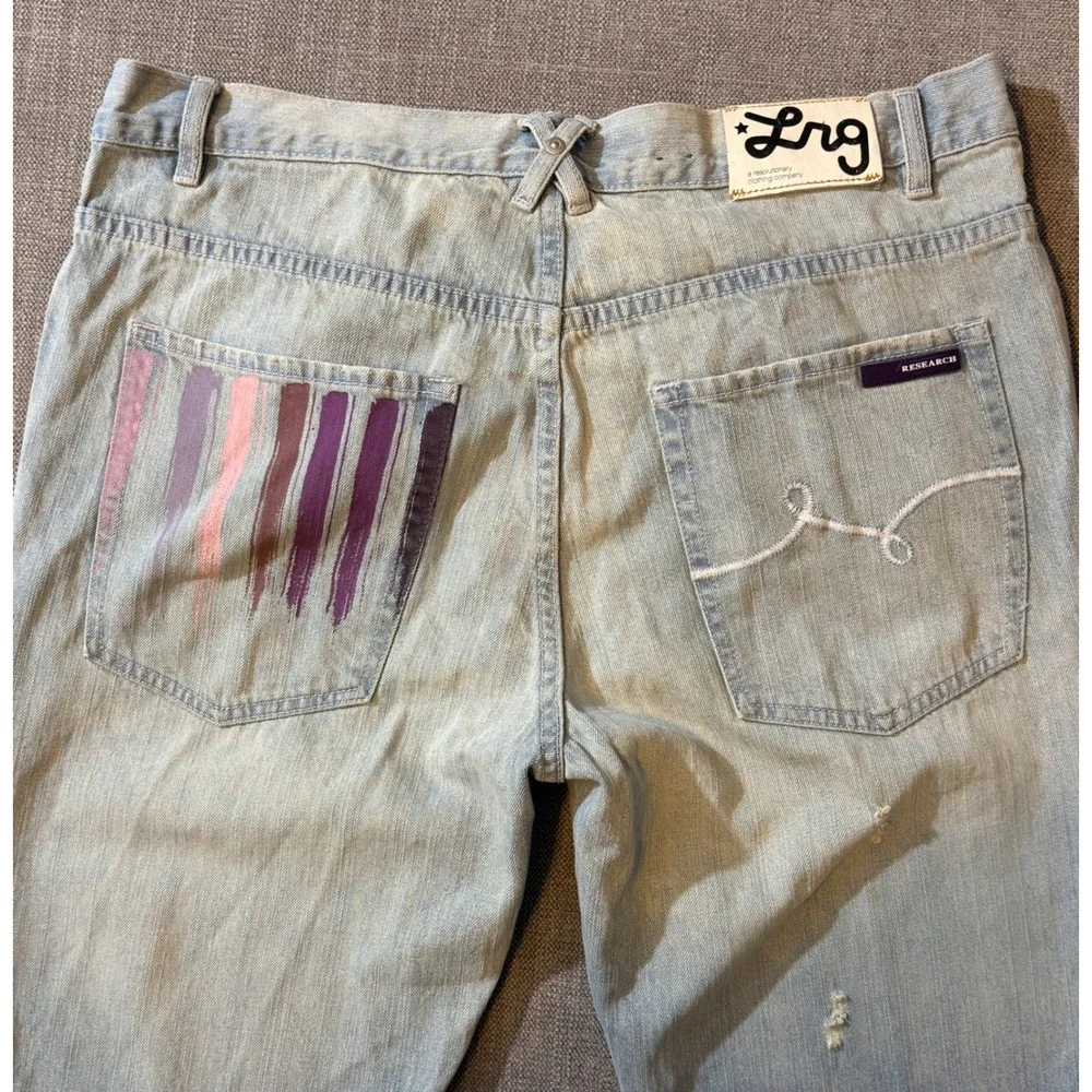 LRG Research Jeans‎ Mens Size 36x34 Light Wash Distressed Graphic Back Pockets